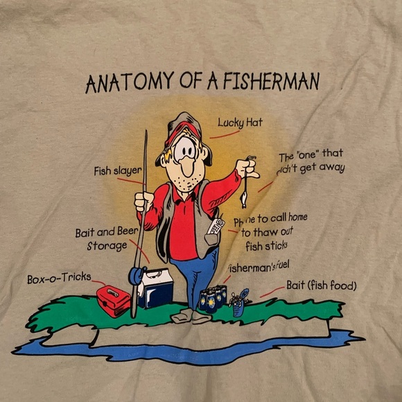 MENS HUMOR FISHING SHIRT ANIME CREAM TAN MEDIUM - Picture 1 of 4